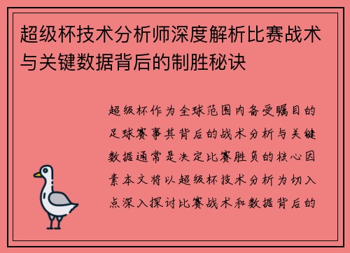 超级杯技术分析师深度解析比赛战术与关键数据背后的制胜秘诀